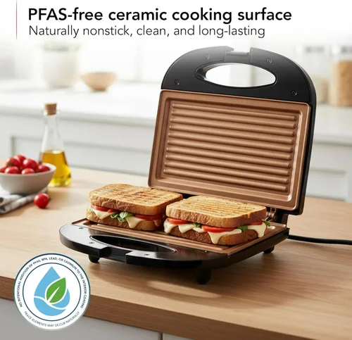 Miniatura 2 de OVENTE - Parrilla eléctrica para panini con placas antiadherentes, luces indicadoras LED, control de termostato, sandwichera compacta perfecta