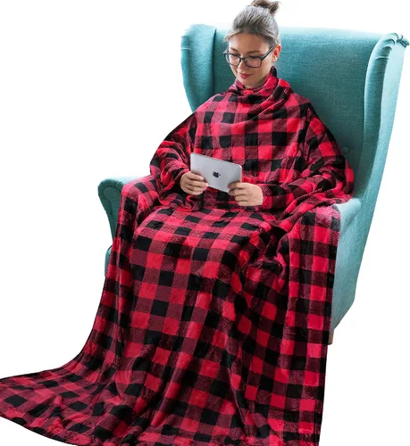 Miniatura 11 de Tirrinia Manta de Forro Polar Vestible con Capucha y Mangas para Adultos Mujeres y Hombres, Súper Suave Cómoda de Felpa Funcional Manta de TV Throw