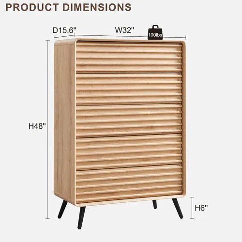 Miniatura 2 de RedLemon 48'' Tall 5 Drawers Dresser for Bedroom, Mid Century Modern Wood Fluted Dresser, Chest of Drawers with Smooth Rounded Corner & Tapered Leg