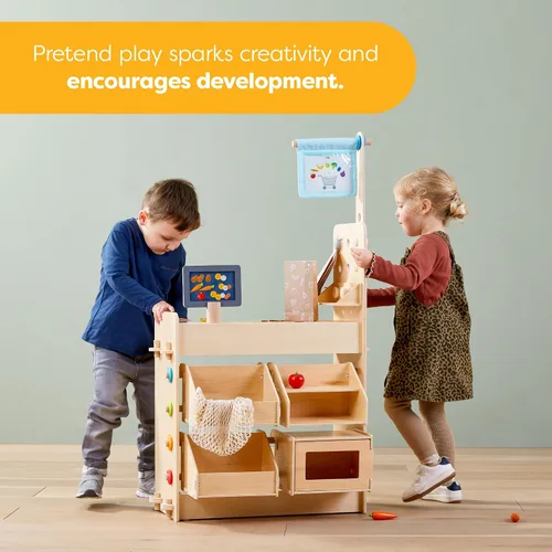 Miniatura 6 de HABA Cocina de madera 3 en 1 para niños, juego de tienda de comestibles para niños y banco de herramientas para niños, juguetes de madera