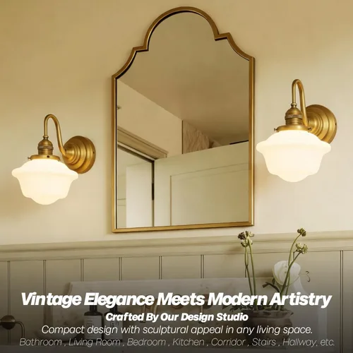 Miniatura 2 de Apliques de Pared Vintage de Latón Antiguo Dorado Luz de Tocador de Baño con Vidrio Esmerilado Lámpara de Aplique de Pared de Instalación Fija