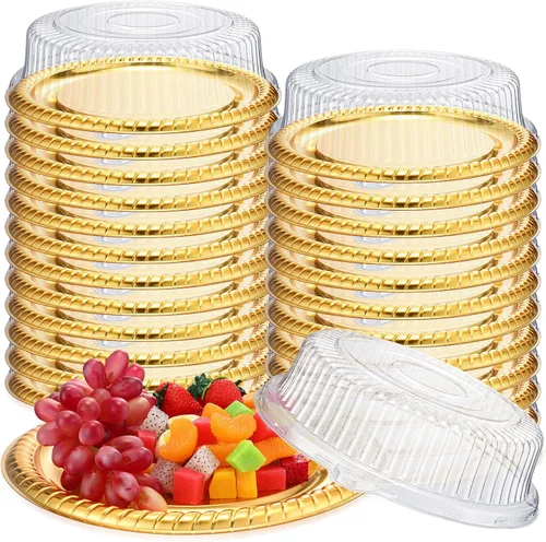 Miniatura 9 de Nitial 12 Piezas Bandejas de Servicio Resistentes con Tapa Transparente, Bandejas Redondas Elegantes Doradas para Catering Desechables Platos