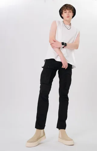Miniatura 9 de Plaid&Plain Pantalones cargo ajustados con rodillas articuladas para hombre
