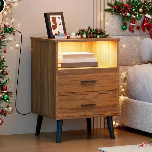 Miniatura 17 de LVSOMT Mesita de noche negra para dormitorio con estación de carga y luces LED, moderna mesita de noche con cajón oculto, mesita de noche