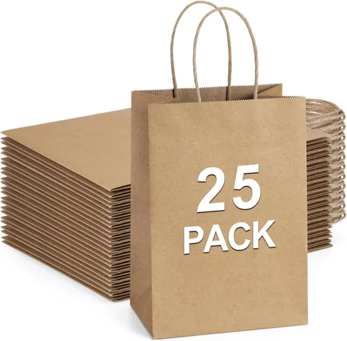 BagDream Bolsas de regalo pequeñas, 25 bolsas de papel kraft marrón de 5.25 x 3 x 8 pulgadas con asas, para regalos pequeños, cumpleaños, recuerdos