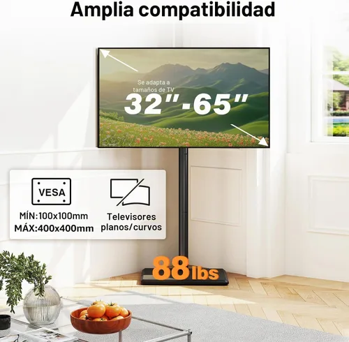 Miniatura 7 de TVON Soporte de piso para TV con soporte para la mayoría de las pantallas planas/curvas de 32 a 60 pulgadas hasta 88 libras, soporte de TV ajustable
