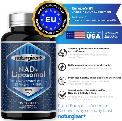 Miniatura 2 de Suplemento liposomal NAD+ con resveratrol, vitamina B3 y TMG Fórmula real NAD Plus, no NMN o NR Potente 4 en 1 saludable envejecimiento y apoyo