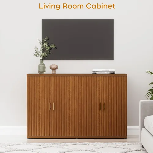 Miniatura 3 de Yechen Armario de buffet acanalado con acento de nogal con almacenamiento y 4 puertas, armario de almacenamiento Mordern Credenza con estantes