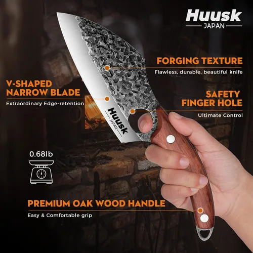 Miniatura 4 de Huusk Cuchillo de Carnicero Forjado a Mano - Cuchillo de Carnicero para Cortar Carne, Cuchillo Vikingo de Cocina Japonés con Funda, Cuchillos