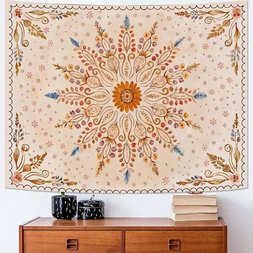 Miniatura 35 de Fowocu Tapiz bohemio con mandala floral para colgar en la pared, medallón de flores bohemias, tapiz estético, beige, naranja, hippie, indio, pequeño