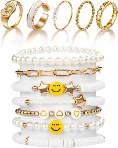 Miniatura 29 de Preppy Heishi - Juego de pulseras de surfista para niñas adolescentes, bonitos aretes estéticos, anillos estéticos preppy coloridos de oro blanco