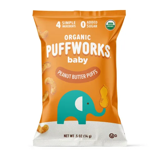 Puffworks Baby Organic Peanut Butter Puffs, perfecto para la introducción temprana del maní, proteína a base de plantas, USDA orgánico, sin gluten,