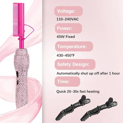 Miniatura 3 de Plancha eléctrica de lujo y peine rizador para cabello y pelucas naturales, peine de prensado térmico de 450 °F con estuche antiquemaduras (rosa)