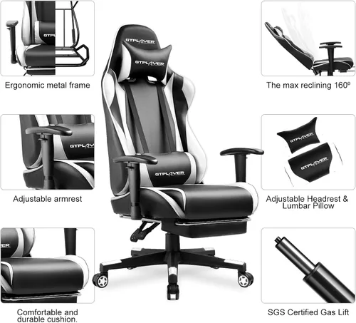 Miniatura 7 de GTRACING Silla Gaming con Reposapiés, Silla Ergonómica de Escritorio para Juegos, Silla Reclinable Gamer con Ajuste de Altura del Asiento, Balancín
