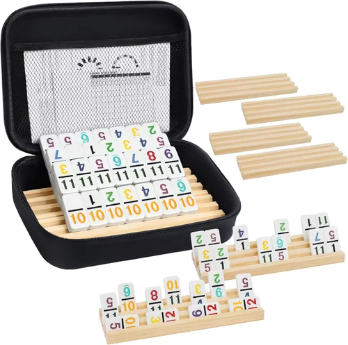 Juego de dominó de tren mexicano con números y 8 bandejas/estantes de madera, juego de dominó doble 12 de viaje con 8 soportes para fichas, juego de