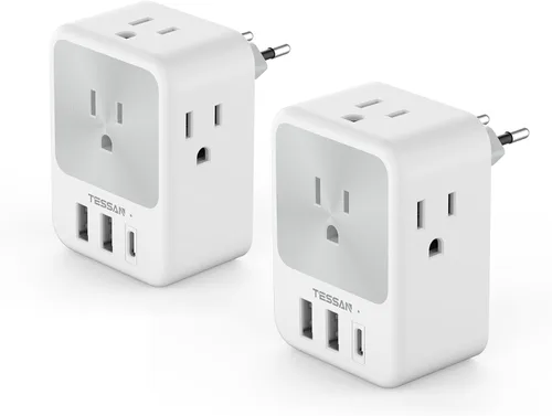 TESSAN Europe - Adaptador de enchufe de viaje europeo, 2 unidades, adaptador de corriente internacional con 4 tomas de corriente, 3 puertos de carga