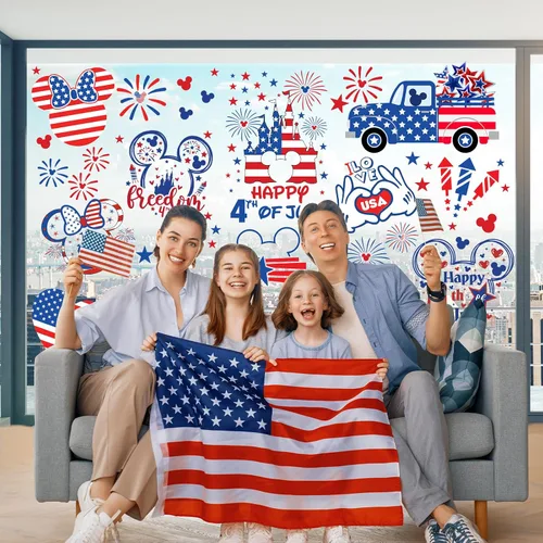 Miniatura 5 de Adhesivos para ventana del 4 de julio, 9 hojas de ratón con bandera americana adhesiva patriótica para ventana, decoraciones para el día