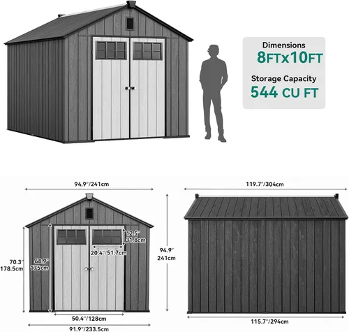 Miniatura 7 de YITAHOME Cobertizo de almacenamiento para exteriores de 8 x 10 pies con suelo, cobertizo de jardín de plástico extra grueso para bicicletas