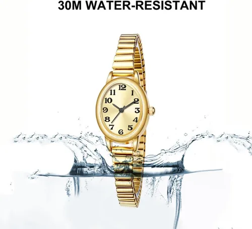 Miniatura 5 de ADSBIAOYE Relojes pequeños de oro para mujer, números arábigos, fácil de leer, reloj analógico con banda de expansión de acero inoxidable