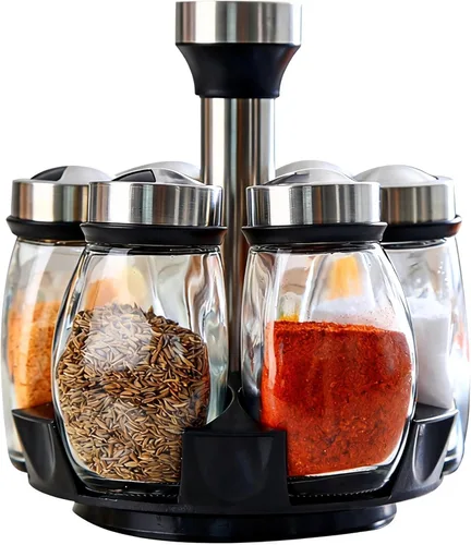 Estante de especias giratorio de 360°, 6 tarros de especias de vidrio giratorio adecuados para encimeras de cocina, almacenamiento de especias,