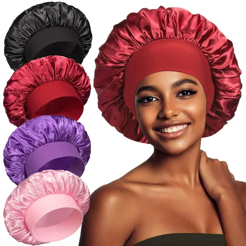 Miniatura 9 de vidsel 4 gorros de satén para mujer, gorro de seda para dormir, gorra de dormir de banda ancha para trenzas de cabello rizado
