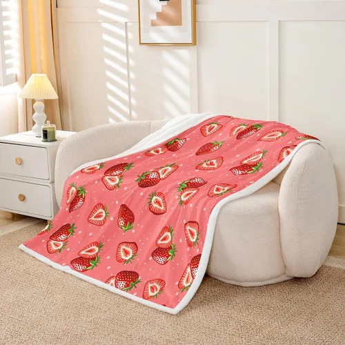 Miniatura 2 de Feelyou Manta femenina de vellón sherpa de fresa para niños y niñas, estampado de frutas tropicales, felpa rosa dulce fresa mullida para sofá