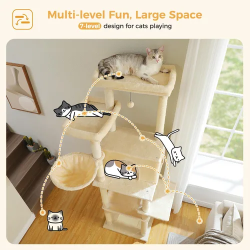Miniatura 5 de PAWZ Road Árbol Grande para Gatos, Torre para Gatos de 73 Pulgadas de Altura con 1 Gran Asiento Acolchado, 2 Hamacas Espaciosas, 8 Postes Largos