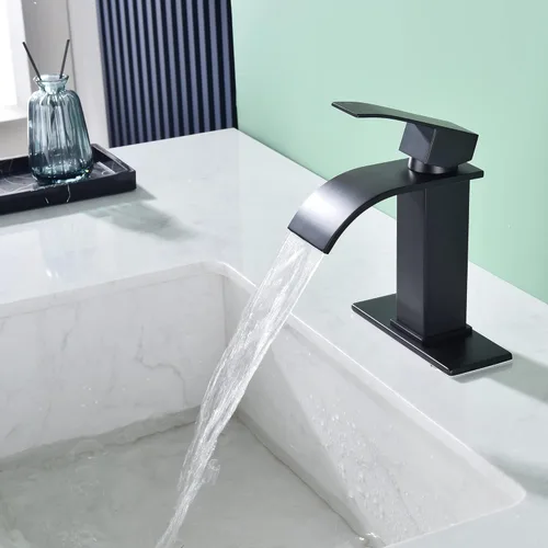 Miniatura 4 de Grifo de baño de cascada negra de un solo agujero, grifo de lavabo de baño con escurridor desplegable y placa de cubierta para instalación de 3
