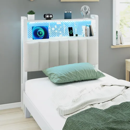 Miniatura 11 de VINGLI Cabecera LED Queen con 3 estantes de almacenamiento y estación de carga, moderna cabecera tapizada con luces RGB, puertos USB y toma de Lino