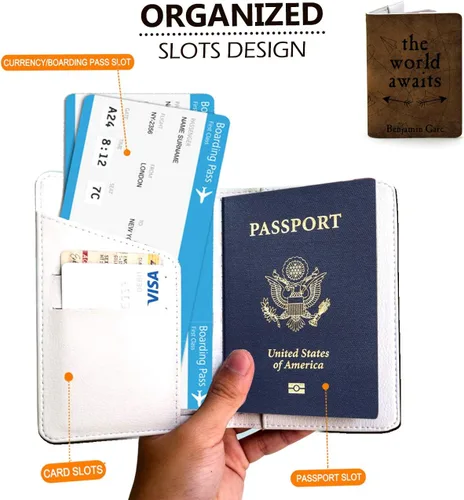 Miniatura 3 de Wanderlust Collection - Soporte de cuero personalizado para pasaporte - Regalos de viaje, El mundo espera, Cartera Rfid