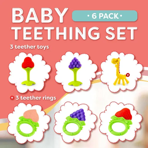 Miniatura 3 de Juguetes para dentición para bebés, paquete de 6 unidades, juego de mordedor para recién nacidos, silicona de grado alimenticio, apto