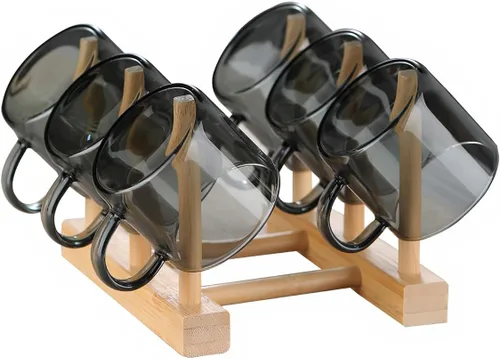 Kung Fu - Juego de 6 tazas de té de vidrio pequeñas (4.06 onzas/4.1 fl oz) + juego de soporte en gris ahumado, decoración de utensilios de té chino