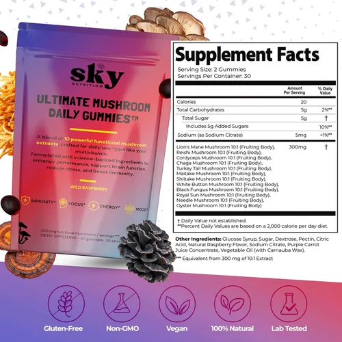 Miniatura 2 de Gomitas de hongos para adultos, 10 en 1, potente complejo de hongos con melena de leones, reishi, cordyceps, cola de pavo - para claridad mental