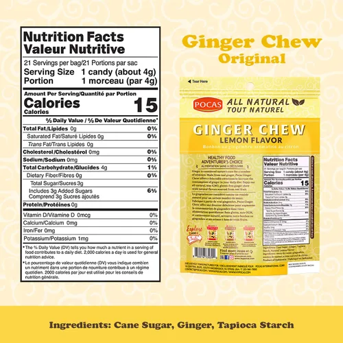 Pocas Lemon Ginger Chews - Masticables de jengibre dulce y picante, bocadillos bajos en calorías envueltos individualmente, caramelo de jengibre