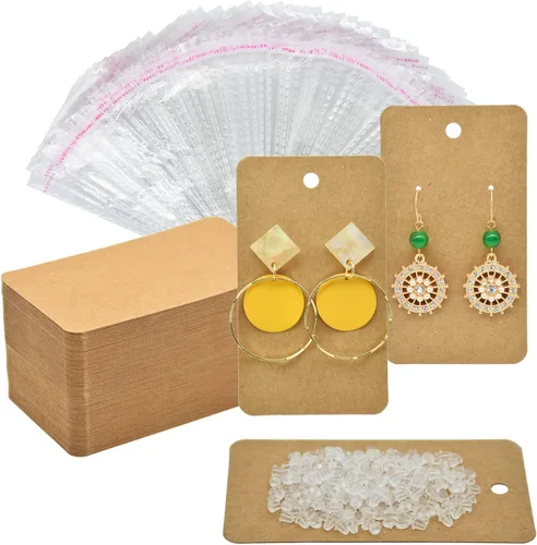 Miniatura 9 de Twavang Juego de portatarjetas para aretes, 100 tarjetas de exhibición de aretes de papel kraft, 100 pares transparentes de aretes con 100 bolsas