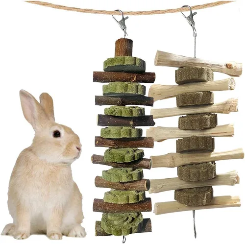 Miniatura 7 de kathson 3 piezas de juguetes masticables de conejo para rechinar dientes, golosinas de chinchilla palos de bambú orgánico ramas de madera de fruta