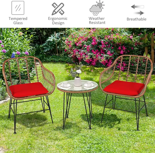 Miniatura 43 de Tangkula - Juego de 3 piezas para conversación en el patio, juego de muebles de mimbre al aire libre con mesa redonda de vidrio templado y 2