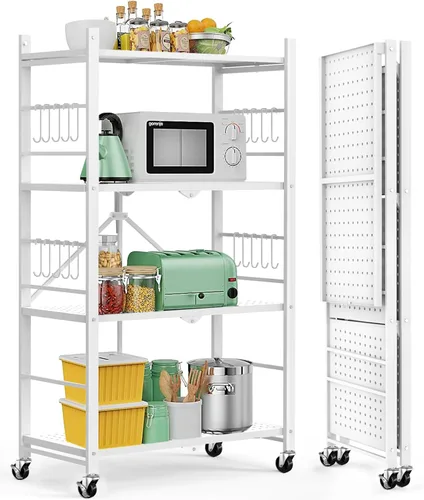 Miniatura 16 de Himix Estantes de almacenamiento con 6 ganchos, estante plegable de 3 niveles con ruedas, estantería de almacenamiento de metal, carrito rodante