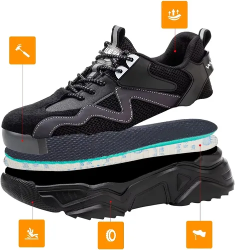 Miniatura 4 de Ruivina Zapatos de punta de acero para mujeres y hombres, zapatos de seguridad de trabajo de ajuste ancho, ligeros, antideslizantes, cómodos