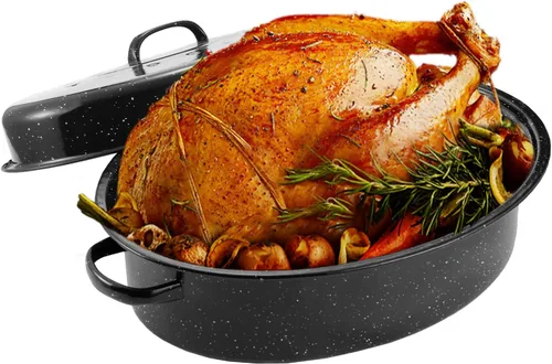 Miniatura 2 de JY COOKMENT Bandeja ovalada esmaltada de 19 pulgadas para asar con tapa abovedada - Ideal para asar pavo, pollo, cordero, verduras - Apto