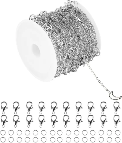 Cadenas chapadas en plata de 33 pies, cadena de latón de estrella y luna, cadenas a granel con anillos de salto, cierres de langosta para hacer