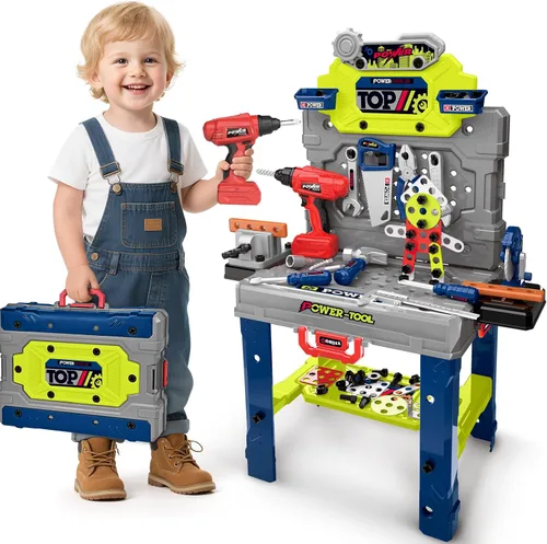 Miniatura 6 de Banco de herramientas para niños con taladradora eléctrica realista, juego de herramientas para niños pequeños de 132 piezas, juguetes de regalo