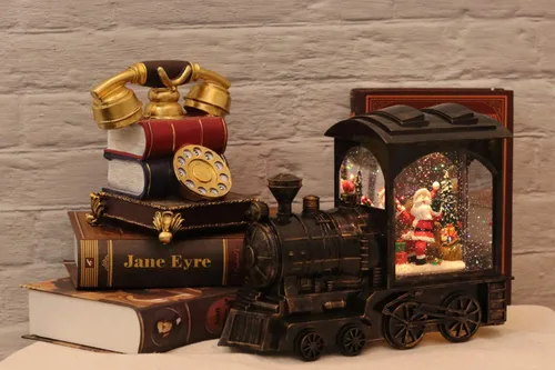 Miniatura 3 de GenSwin Linterna de globo de nieve con tren iluminado con música, nieve de agua, brillante, funciona con pilas, con temporizador, decoración musical