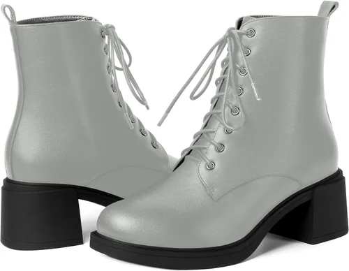 Miniatura 82 de ROSERWISH Botas altas de tacón bajo y grueso para mujer, con cordones, cómodas, modernas, con puntera redonda, de 2.5 pulgadas
