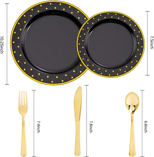 Miniatura 8 de DaYammi 200 platos de plástico dorado y negro con cubiertos, platos desechables negros para fiestas, suministros de oro negro, incluye 40 platos