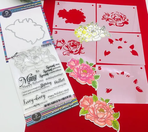 Miniatura 2 de Alinacutle Sellos de flores de peonía, plantillas troqueladas, juego de sellos transparentes, plantillas de capas de corte de metal para hacer