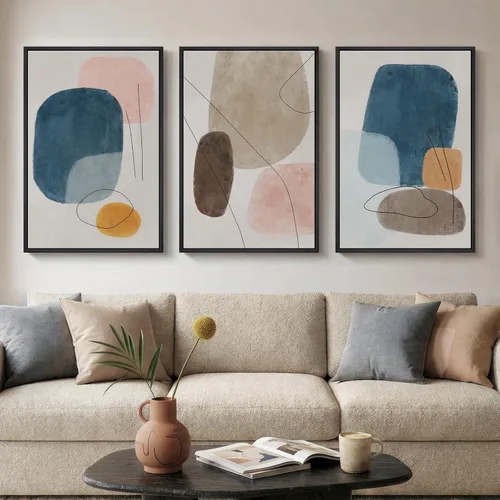 Miniatura 16 de Arte de pared abstracto neutro con marco grande para sala de estar, 3 piezas, impresiones modernas en lienzo para paredes, cuadros negros y beige