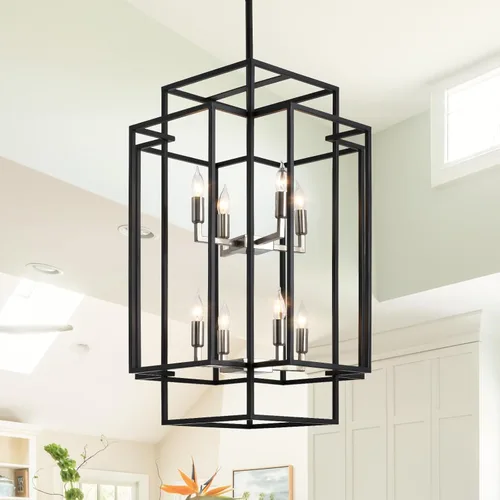Candelabro de techo alto para vestíbulo: 8 luces de granja para entrada, lámparas colgantes grandes industriales para entrada, escalera, pasillo,