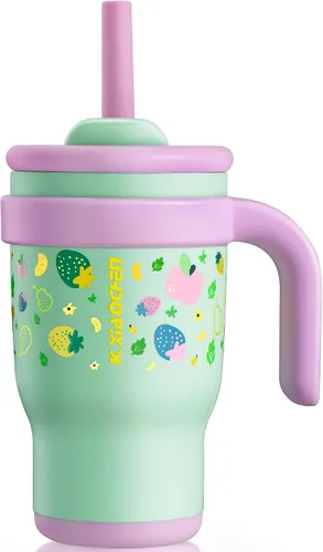 KXIAOCHEN Vaso para niños de 14 onzas con asa para evitar derrames, vaso aislado reutilizable de acero inoxidable para niños pequeños, mantiene las