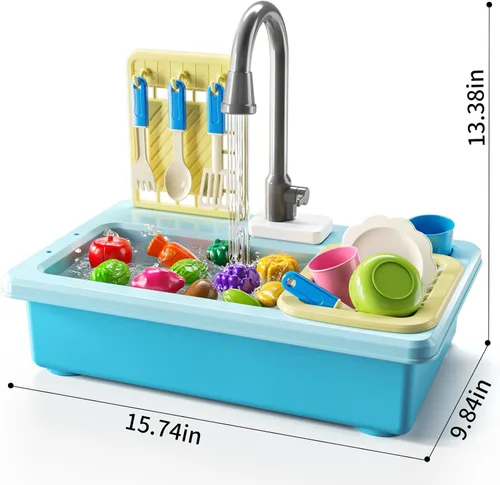 Miniatura 5 de JUKUDAHU - Lavaplatos de juguete con agua corriente, juguetes de cocina con fregadero para niños de 3, 4, 5, 6 y 7 años de edad, lavavajillas Azul